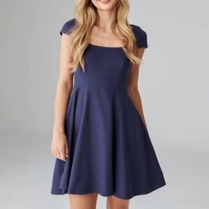 Belle Badgley Mischka Navy Fit & Flare Cocktail Dress – Cap Sleeve, Size 4